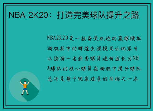 NBA 2K20：打造完美球队提升之路